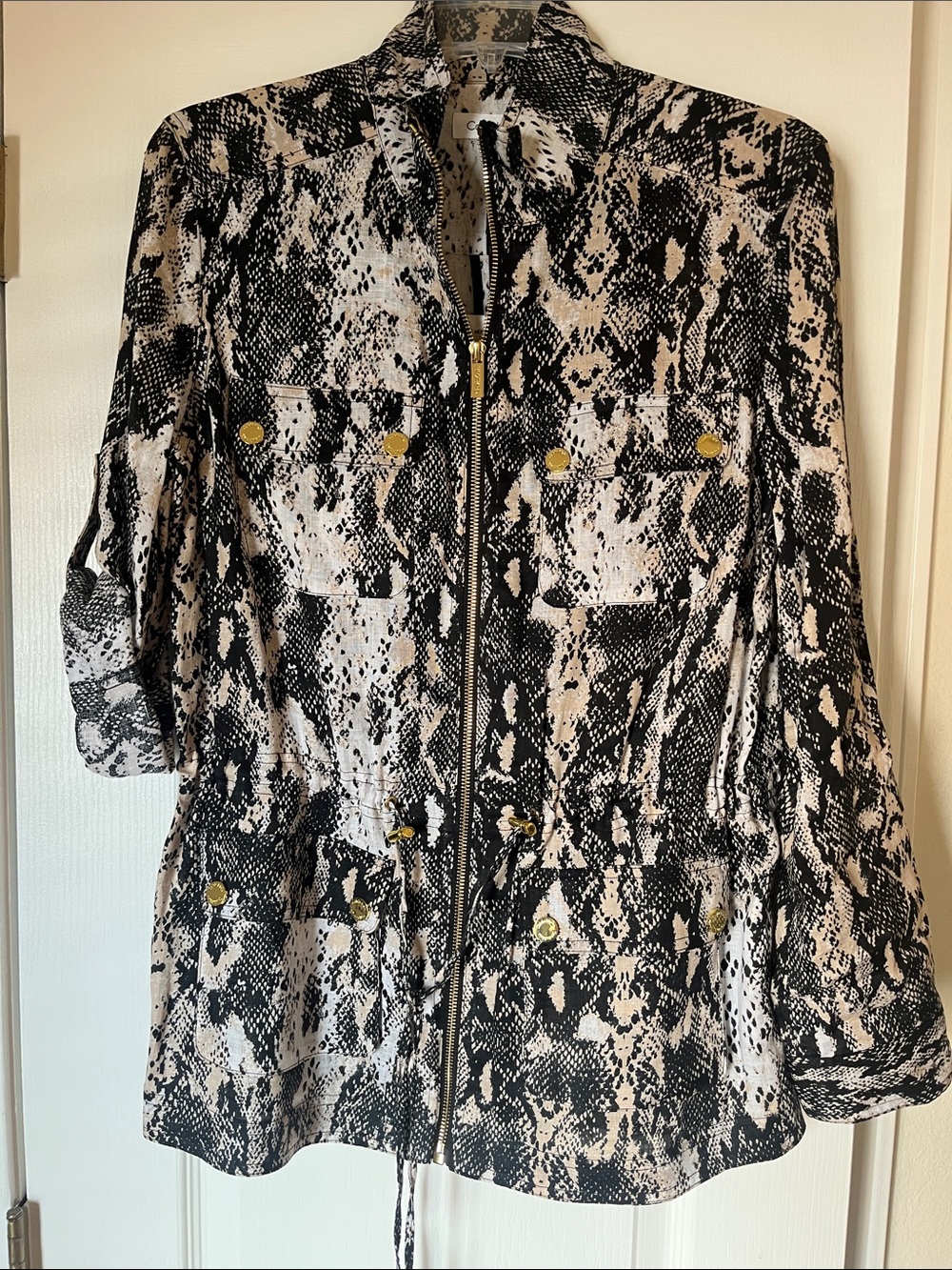 Calvin Klein Black & Cream Snakeskin-Print Utility linen Jacket, NWT, M